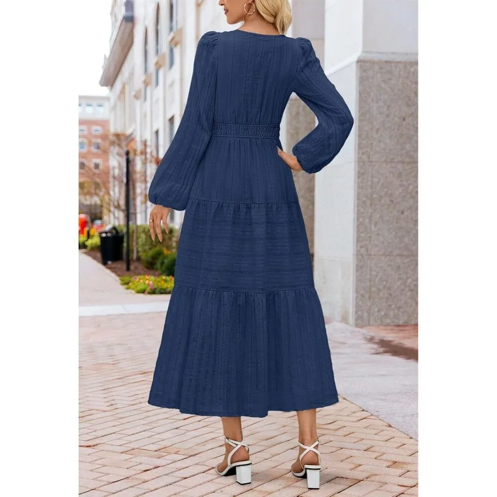 Winter Spring Midi Dresses for Women 2026 Casual Vacation Long Sleeve V Neck Tie - Picture 3 of 6